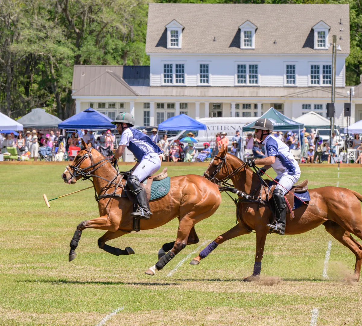 Polo players racing down the field at the 2026 Rose Hill Charity Polo Match in Bluffton, SC
